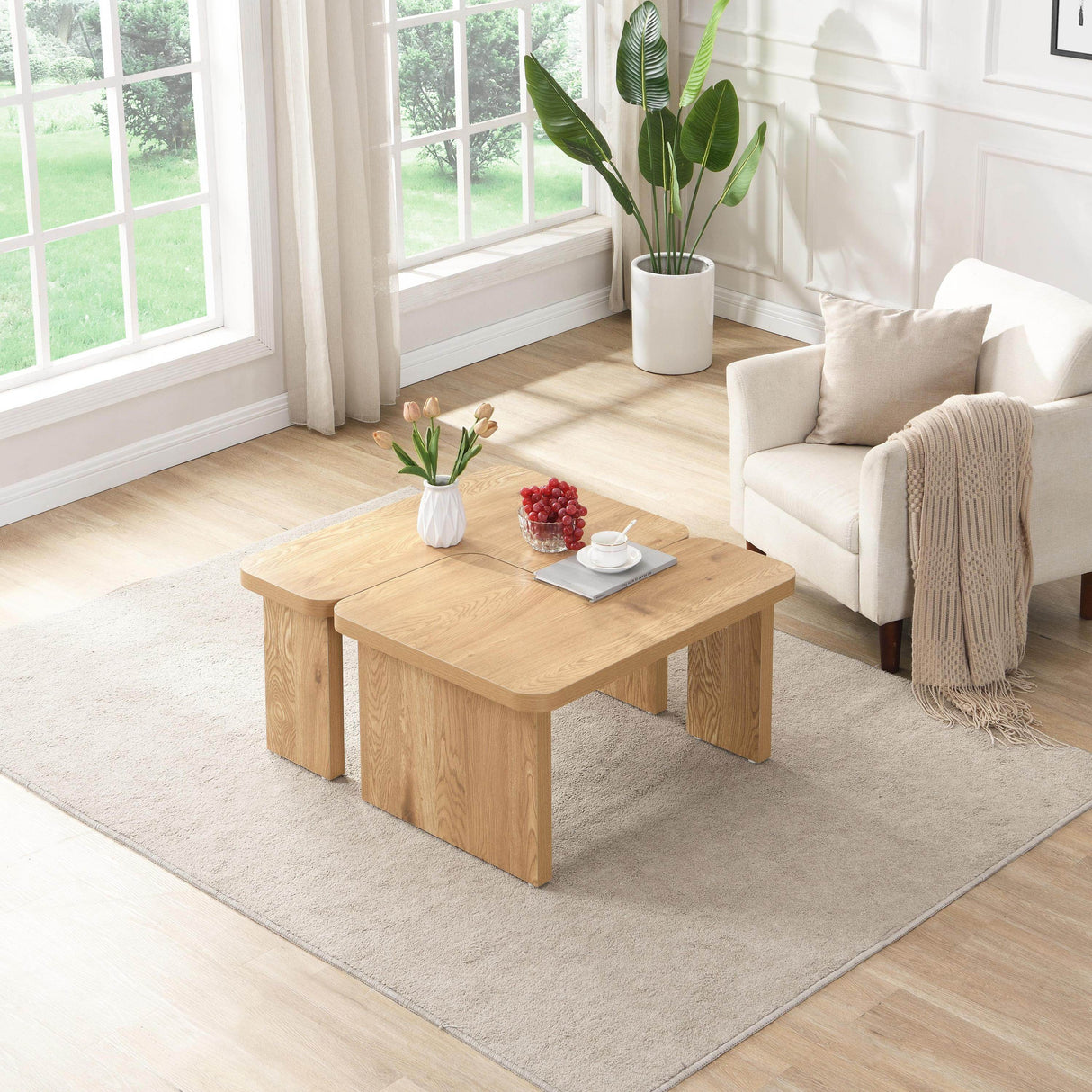 L-Shaped Oak MDF Detachable Farmhouse Coffee Table - Sleep Galleria