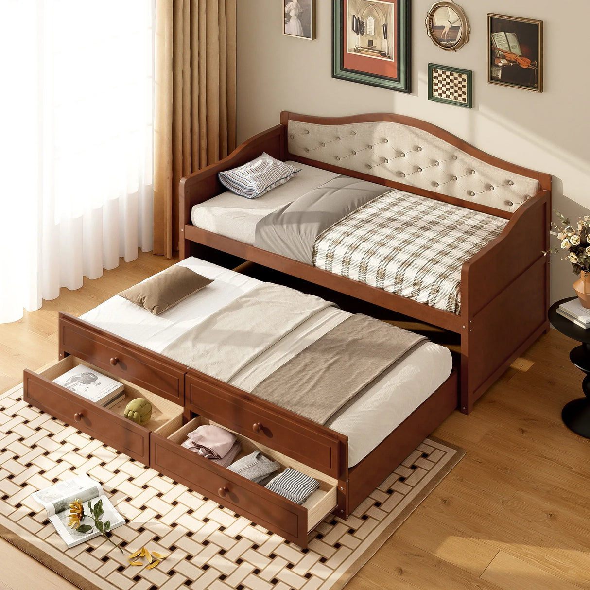 Twin Daybed With Trundle And Storage Drawers Walnut - Omega Lifestyles