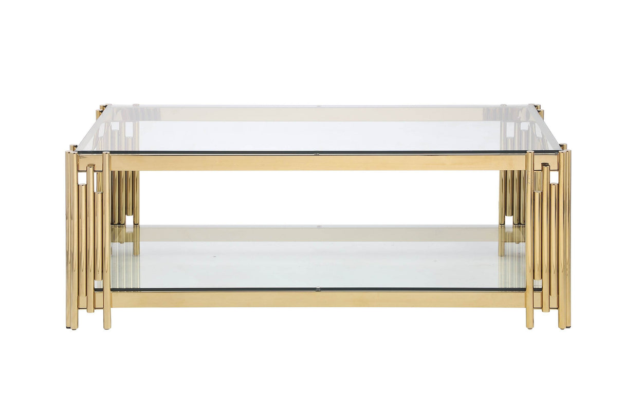 Rectangular Tempered Glass Coffee Table With Golden Stainless Steel Legs - Sleep Galleria