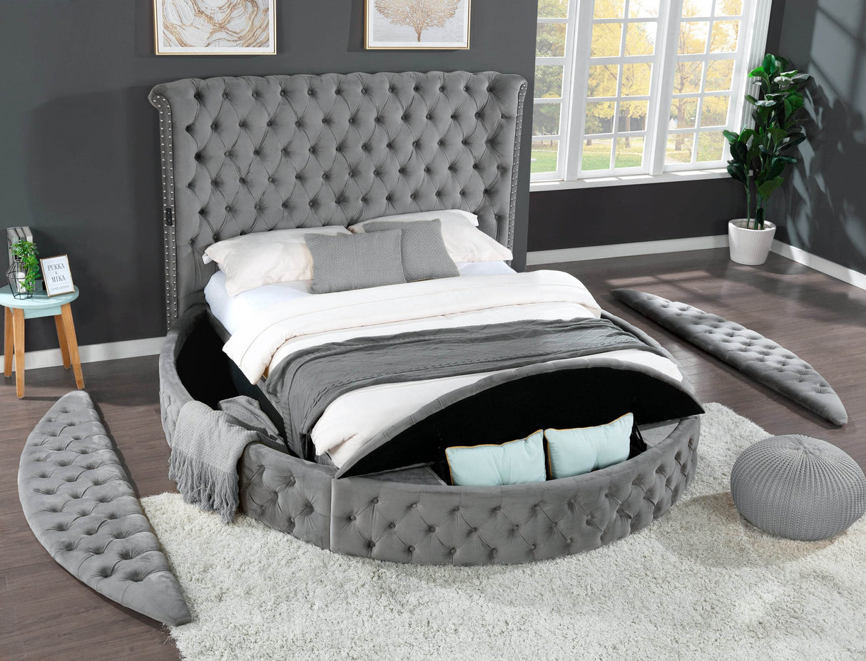Modern Gray Velvet Upholstered King Storage Bed Frame - Omega Lifestyles