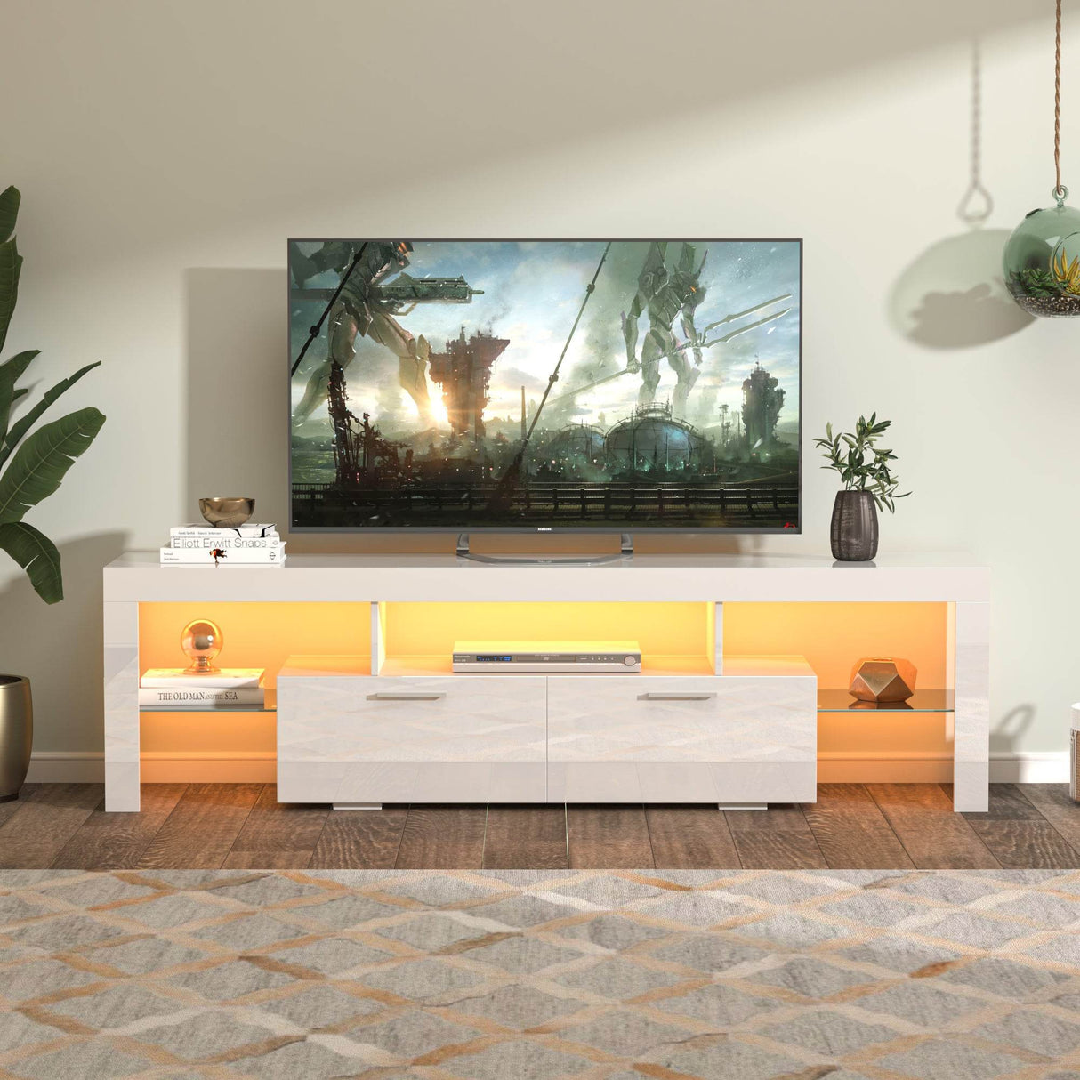 White Particle Board TV Stand With LED Lighting - Sleep Galleria