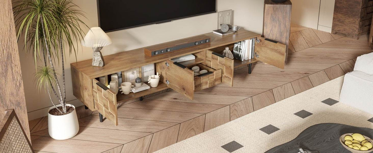 Natural Wood Checkered Pattern TV Stand With Storage - Sleep Galleria