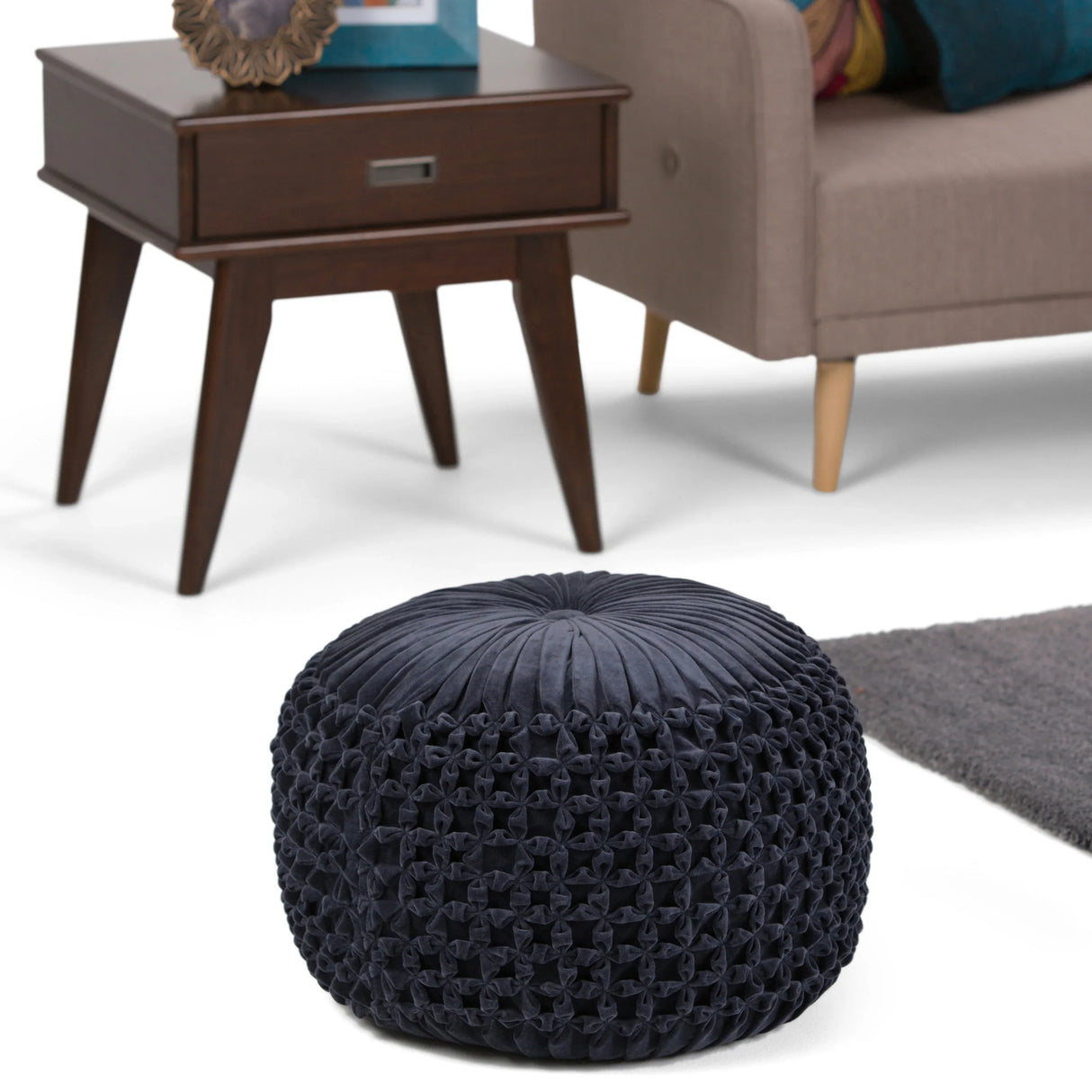 Navy Blue Velvet Round Tufted Pouf Seat - Omega Lifestyles