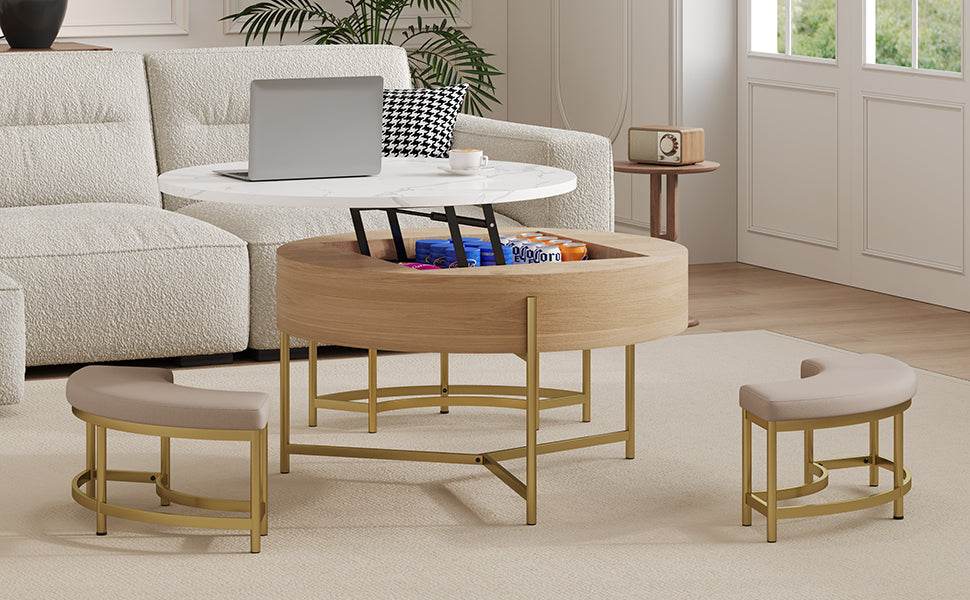 Modern Round Lift-Top Coffee Table With Storage And Ottomans - Sleep Galleria