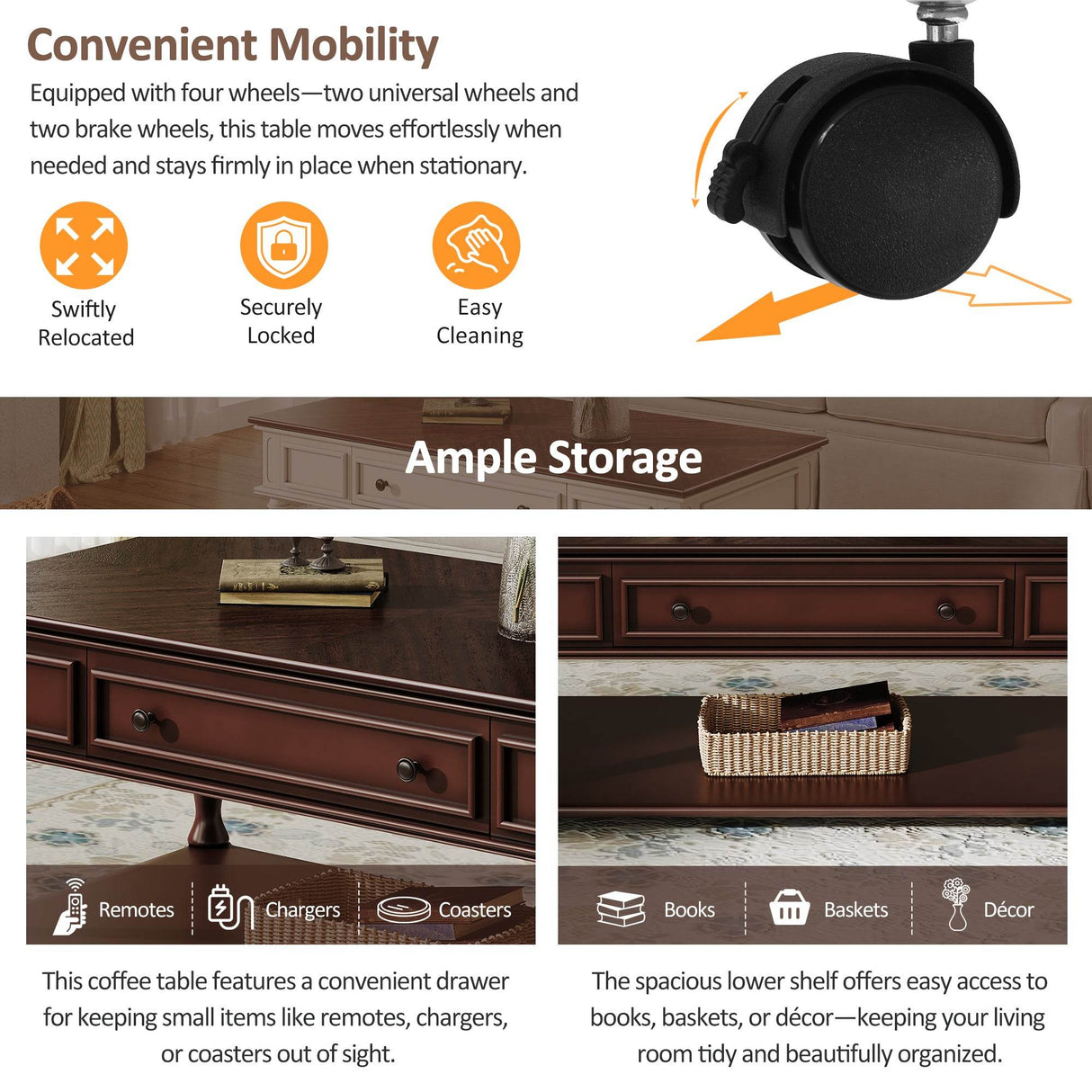 Retro Farmhouse Coffee Table With Drawer And Wheels - Sleep Galleria