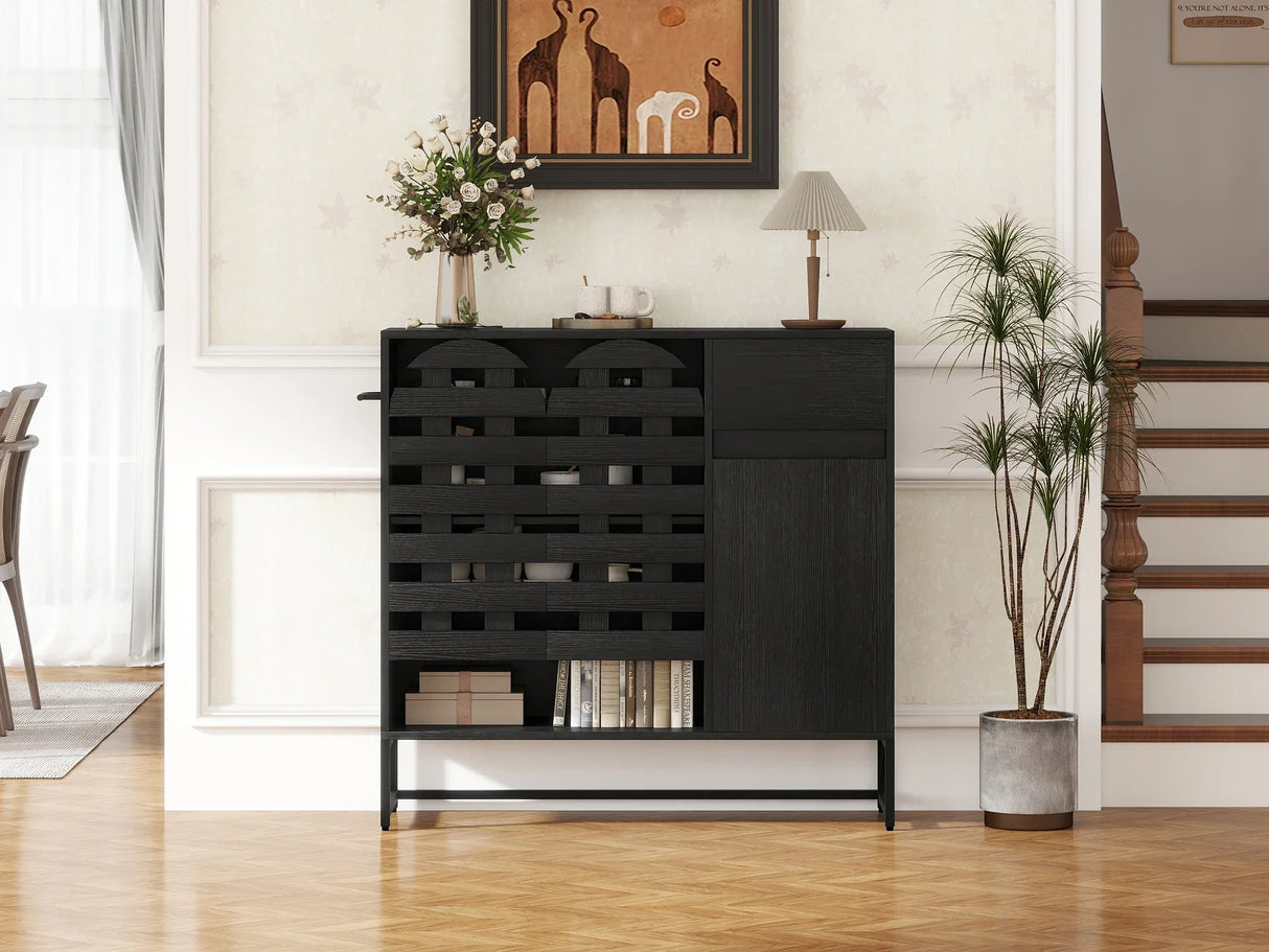 Black Woven Door Buffet Cabinet With Adjustable Storage - Omega Lifestyles