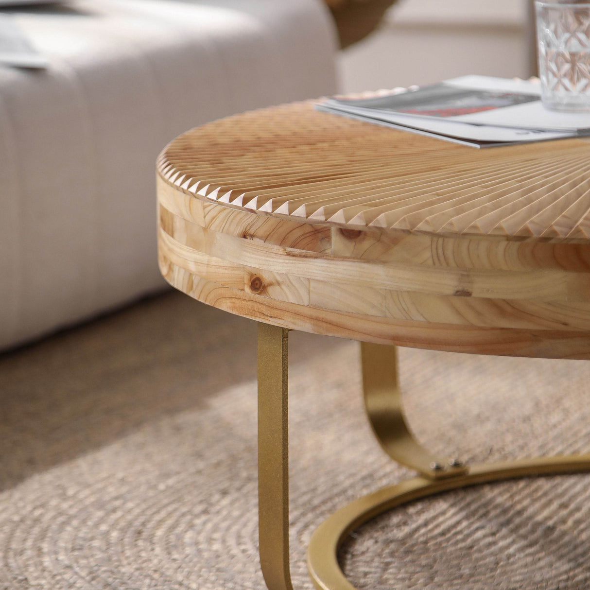 Modern Round Carved Pine Wood Coffee Table - Sleep Galleria