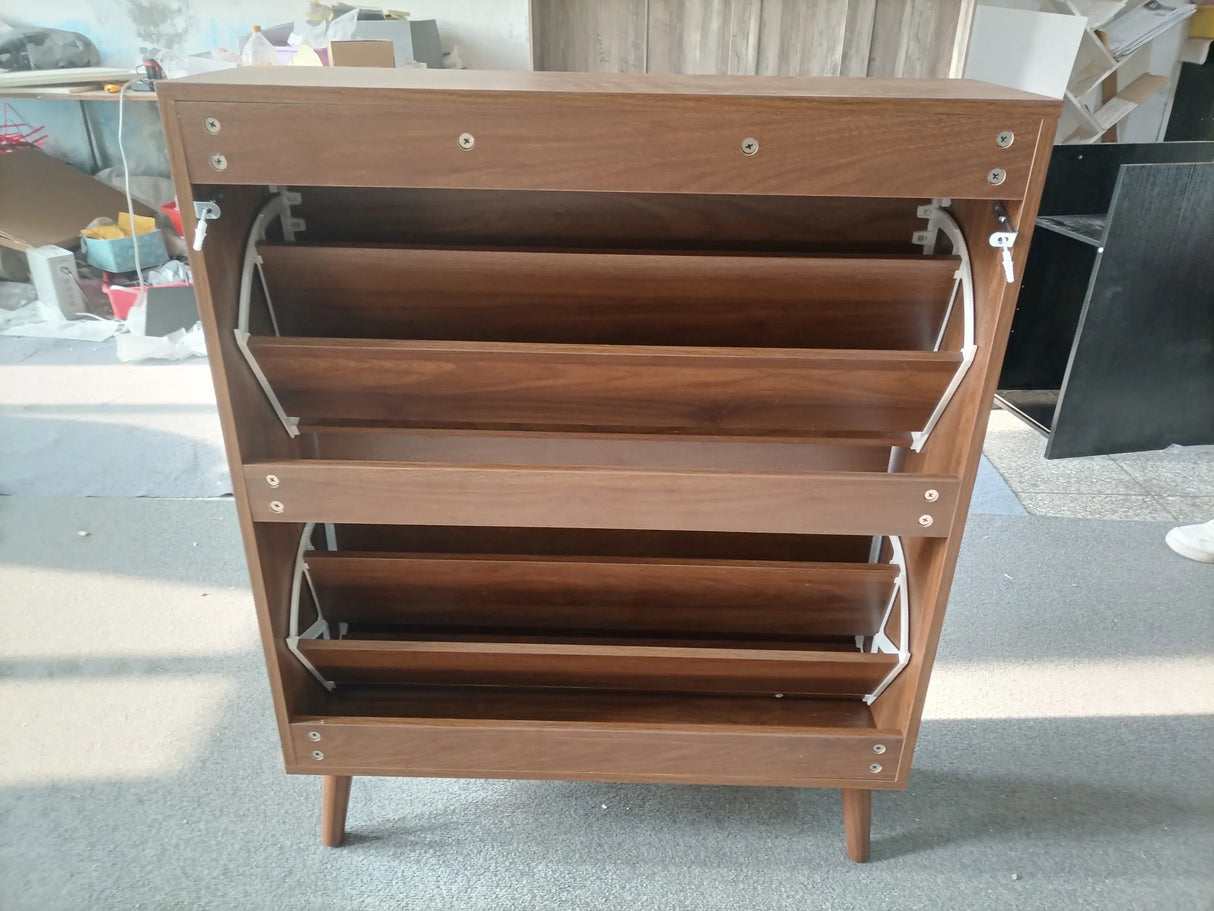 Farmhouse Walnut MDF Shoe Cabinet With Flip Drawers - Omega Lifestyles