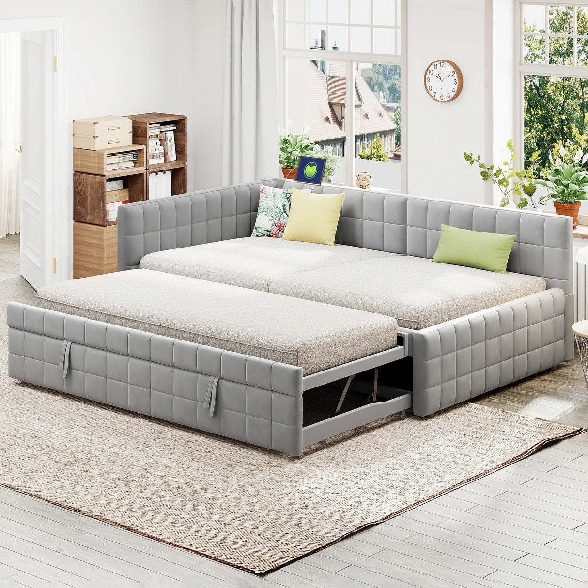Full Upholstered L-Shaped Daybed With Twin Trundle USB Ports - Omega Lifestyles