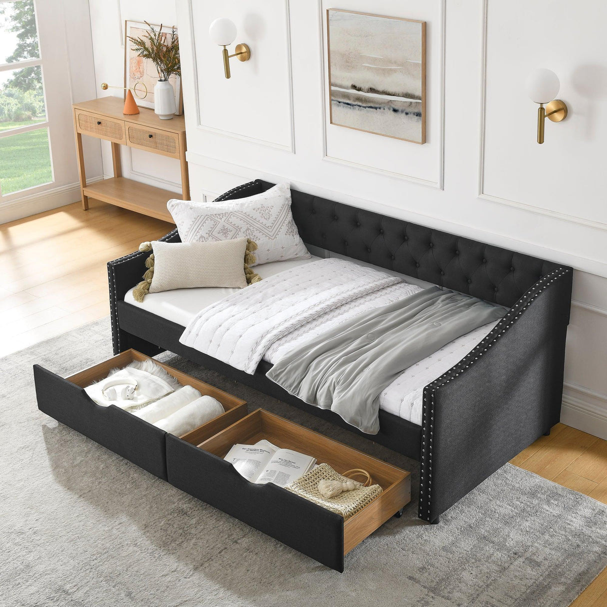 Twin Upholstered Tufted Linen Daybed With Drawers - Omega Lifestyles