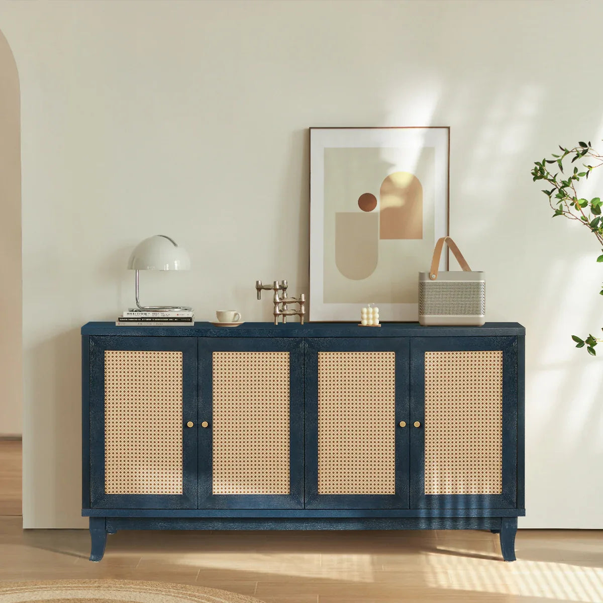 Rattan Wooden Storage Sideboard Cabinet with Shelves - Omega Lifestyles