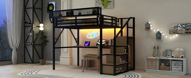 Full Metal Full Size Loft Bed With Desk Charging Station - Omega Lifestyles