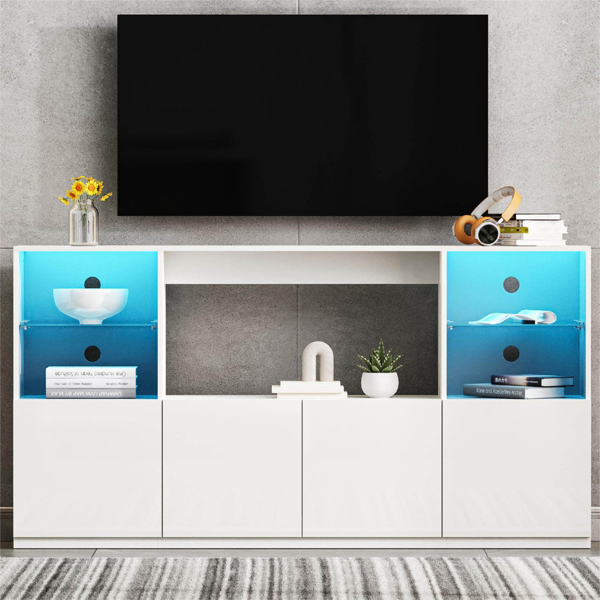 High Gloss White MDF TV Stand With LED Lights - Sleep Galleria