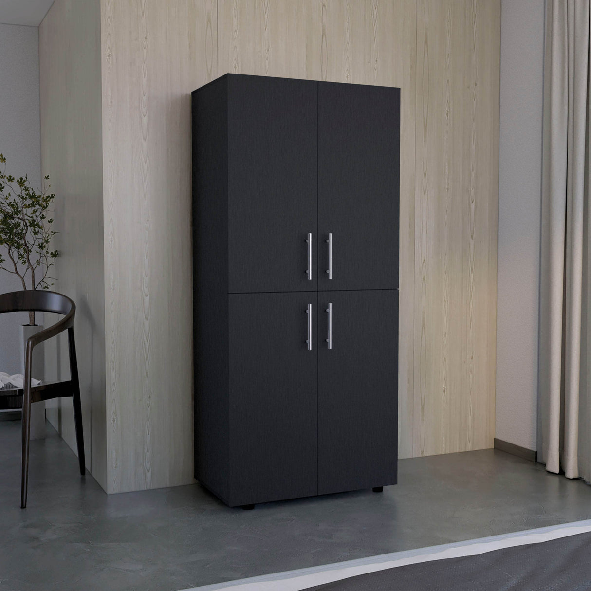 Black Engineered Wood Four-Door Armoire Wardrobe