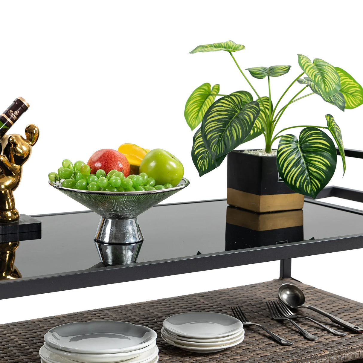 Outdoor Wicker Bar Cart With Glass Top And Wheels - Omega Lifestyles