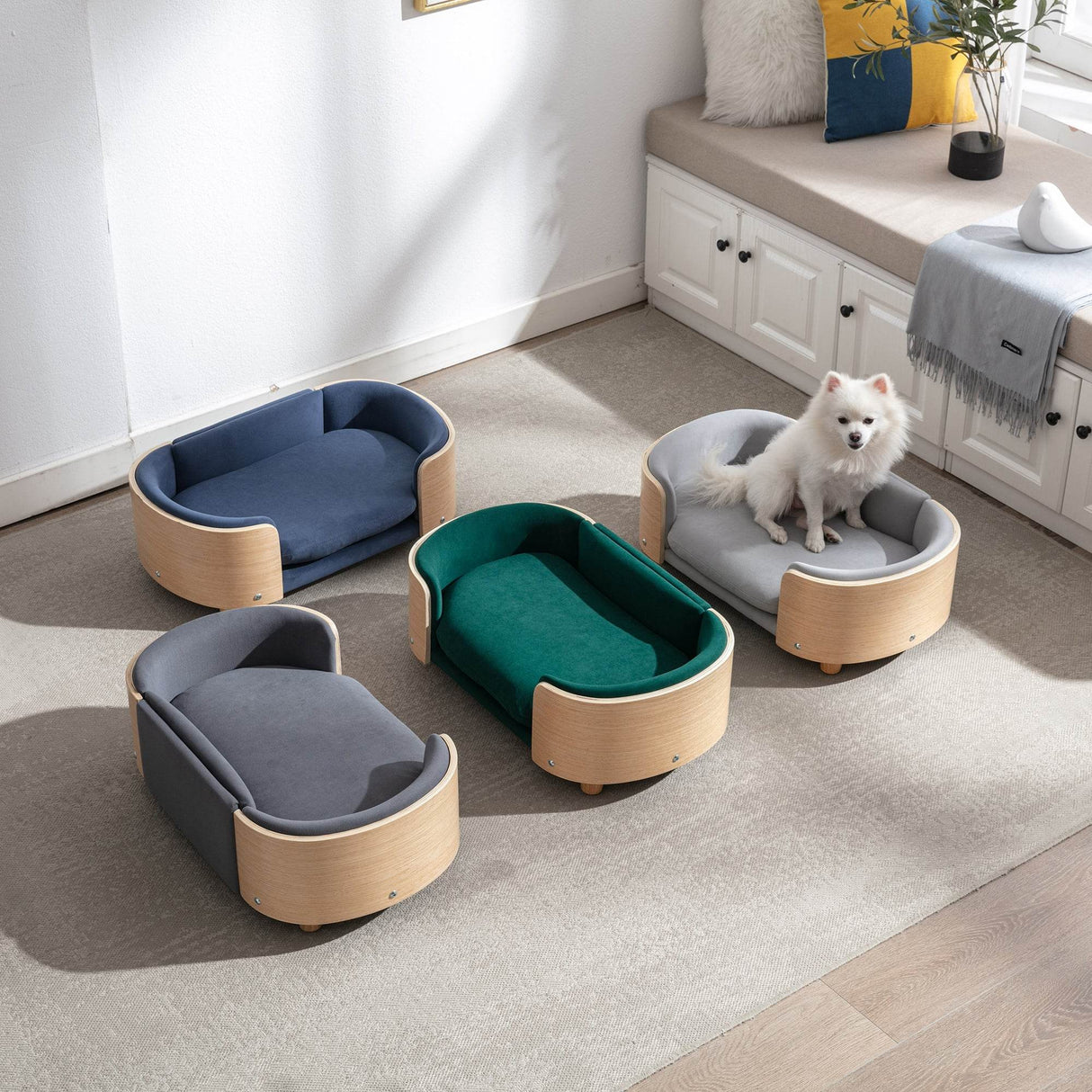 Scandinavian Style Solid Wood Elevated Pet Bed With Velvet Cushion - Sleep Galleria