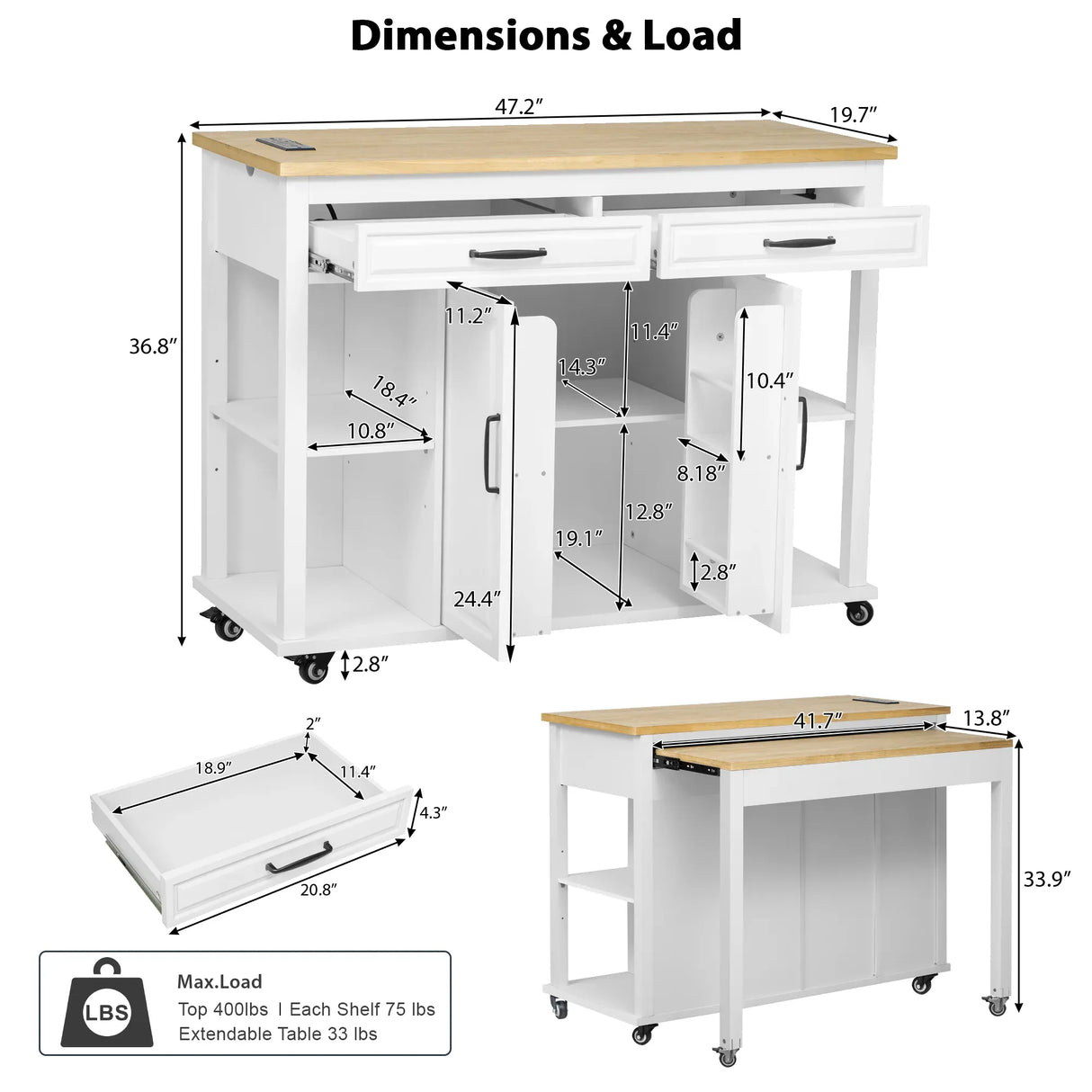 47-Inch Extendable Rubber Wood Veneer Kitchen Island - Omega Lifestyles