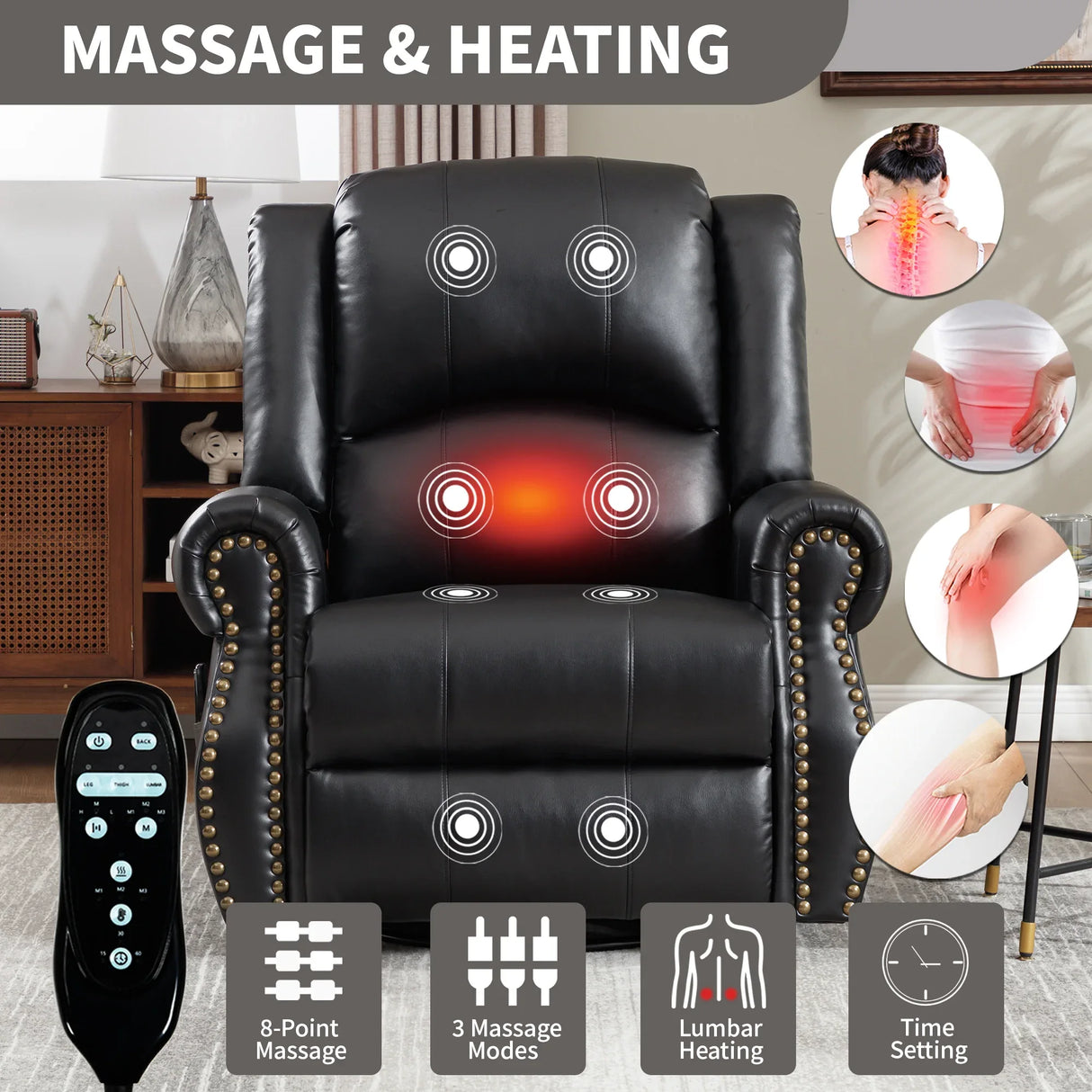 Heat Massage Faux Leather Swivel Rocking Recliner Chair - Omega Lifestyles