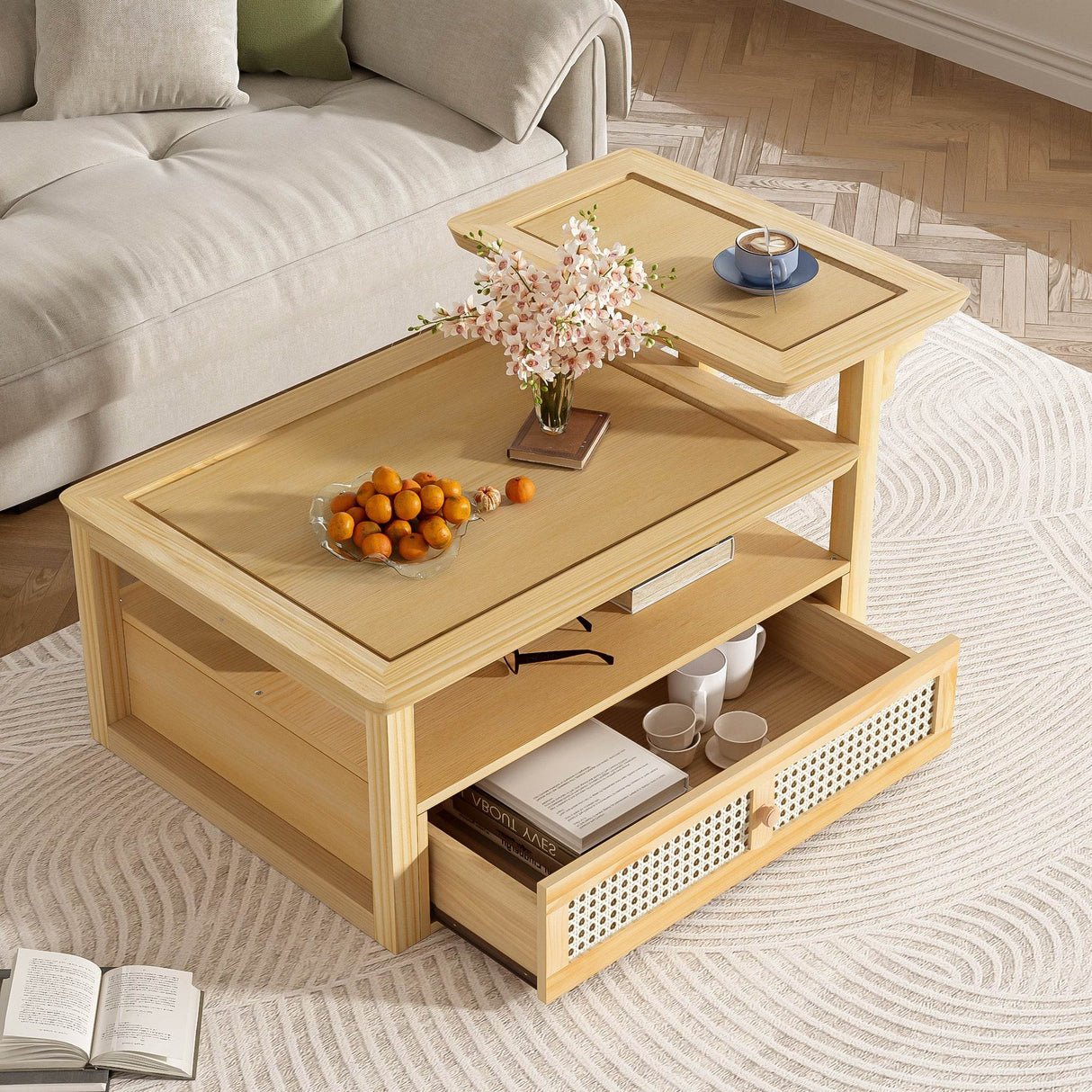 Modern Natural MDF Coffee Table With Rattan Drawer - Sleep Galleria