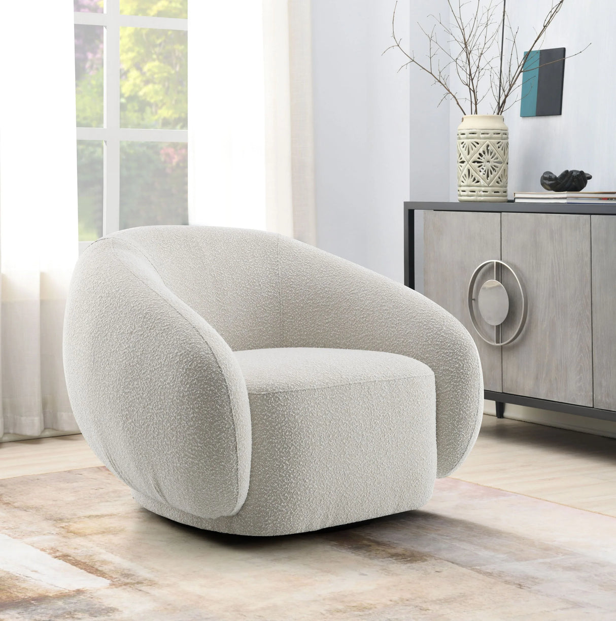 Beige Boucle Swivel Accent Chair With High-Density Foam Cushion - Omega Lifestyles