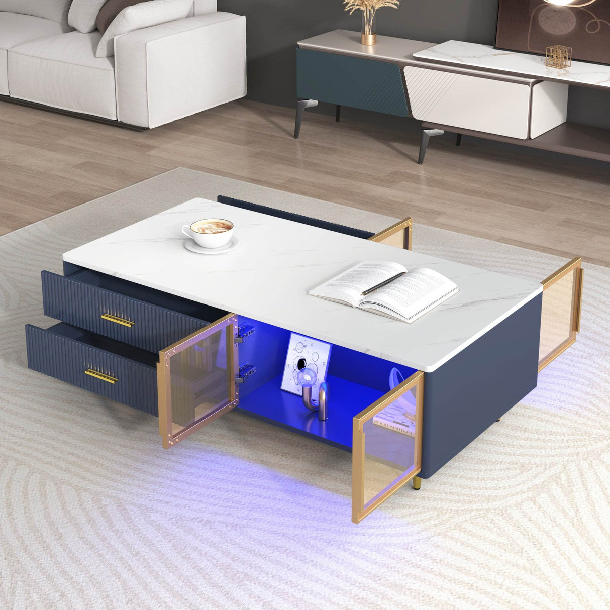 Modern Navy Blue MDF Coffee Table With Drawers Lighting - Sleep Galleria