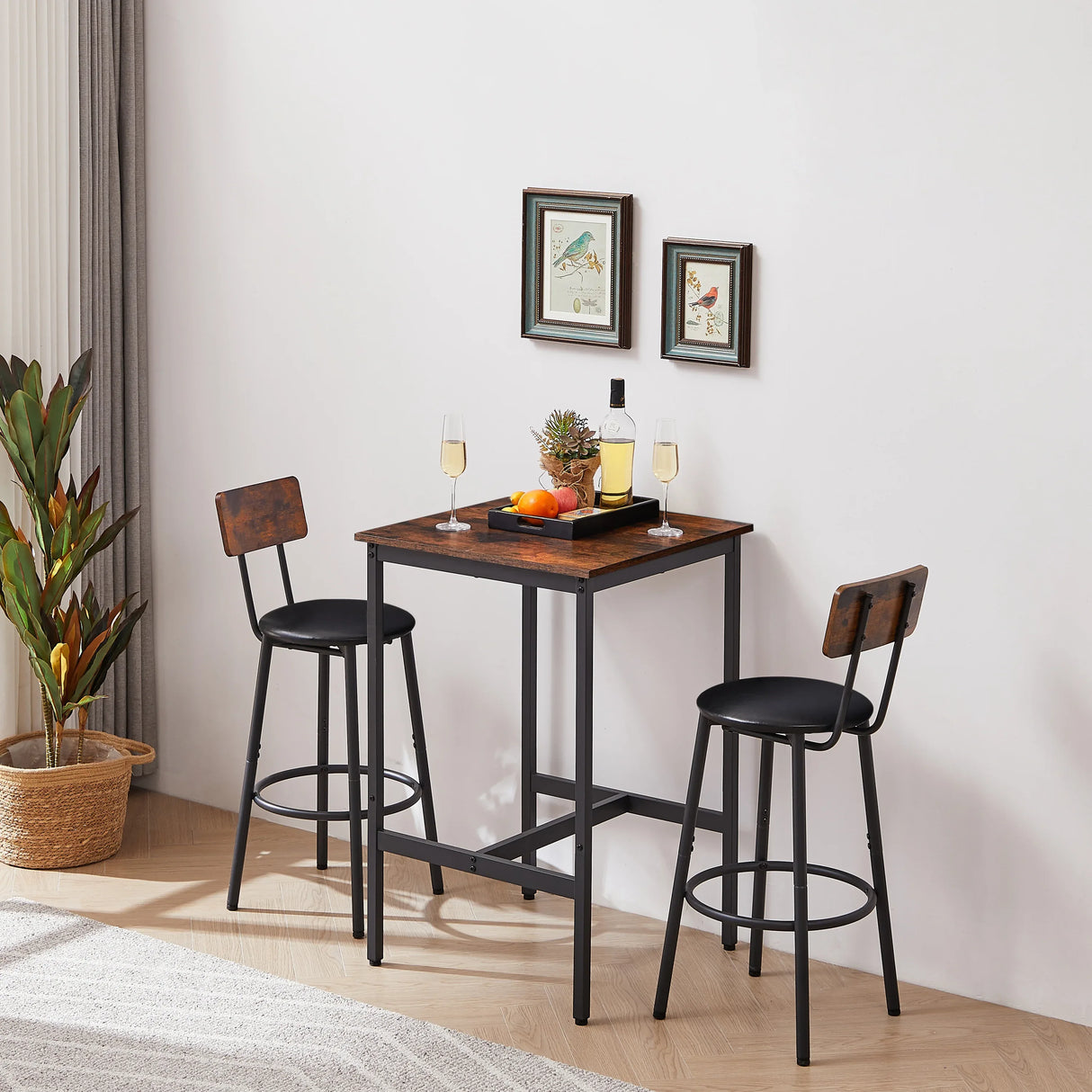 Rustic Brown Bar Table Set With 2 PU Upholstered Stools - Omega Lifestyles