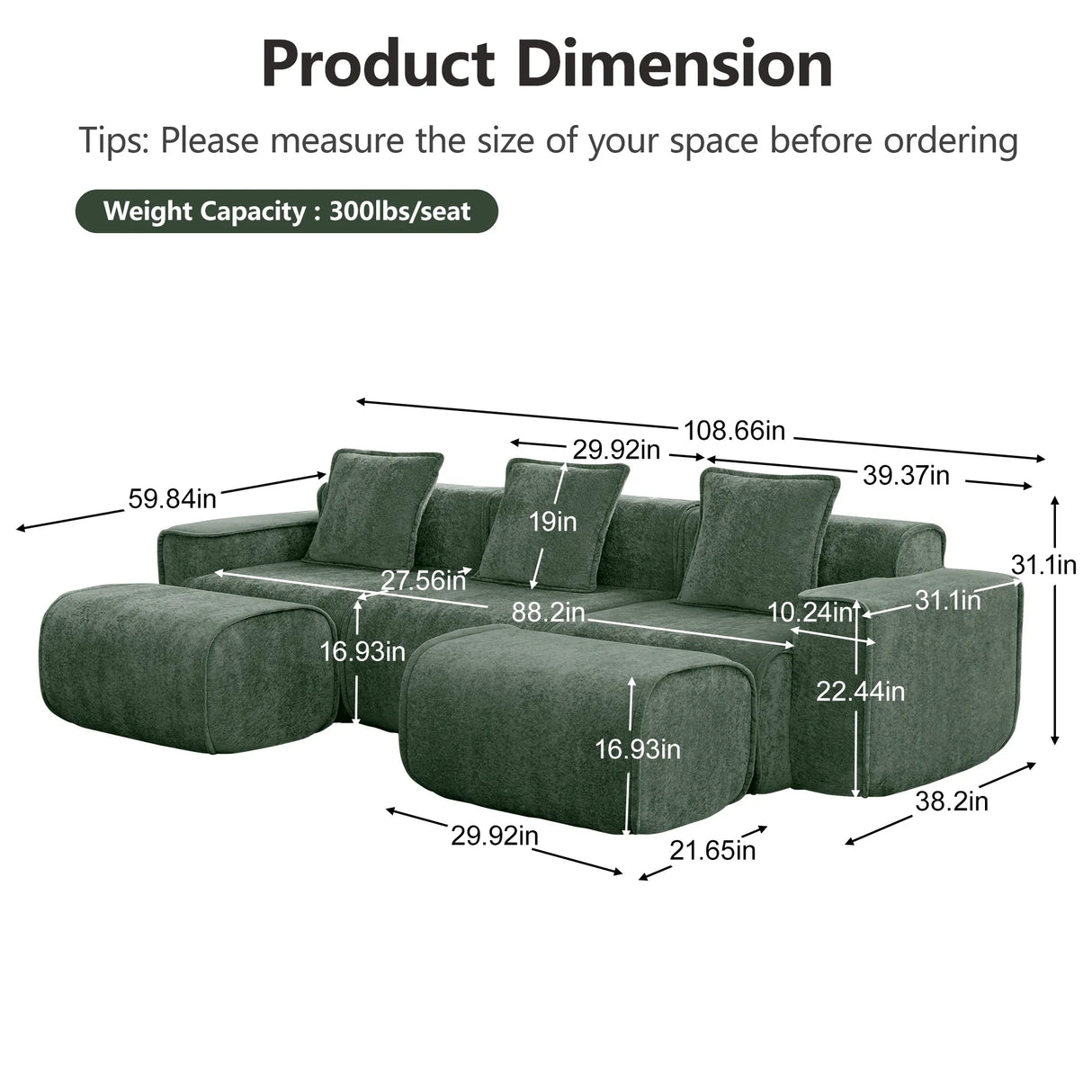 Modular 3-Seat Velvet Boneless Sectional Sofa With Ottoman - Omega Lifestyles