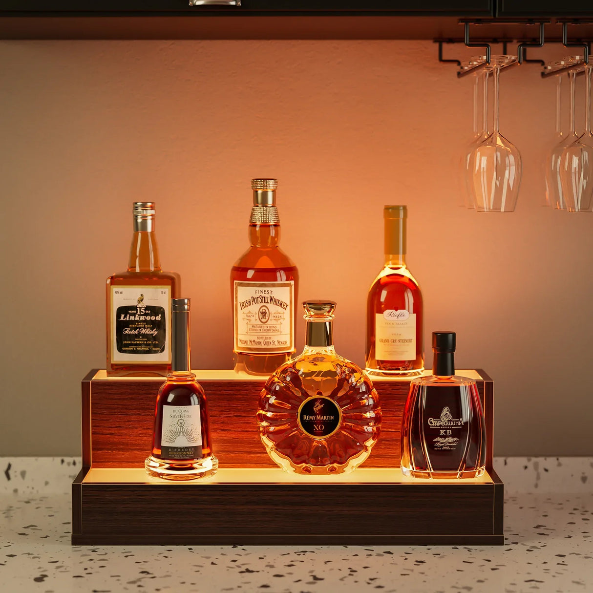 LED Lighted Freestanding Walnut Bar Display Shelf - Omega Lifestyles