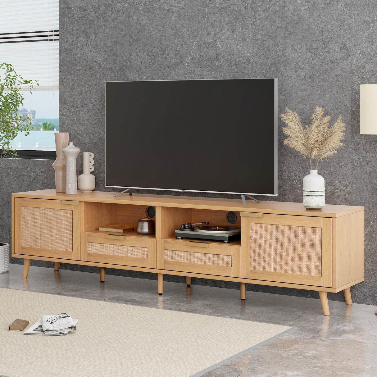 Modern Rattan TV Stand With Storage Cabinets - Sleep Galleria
