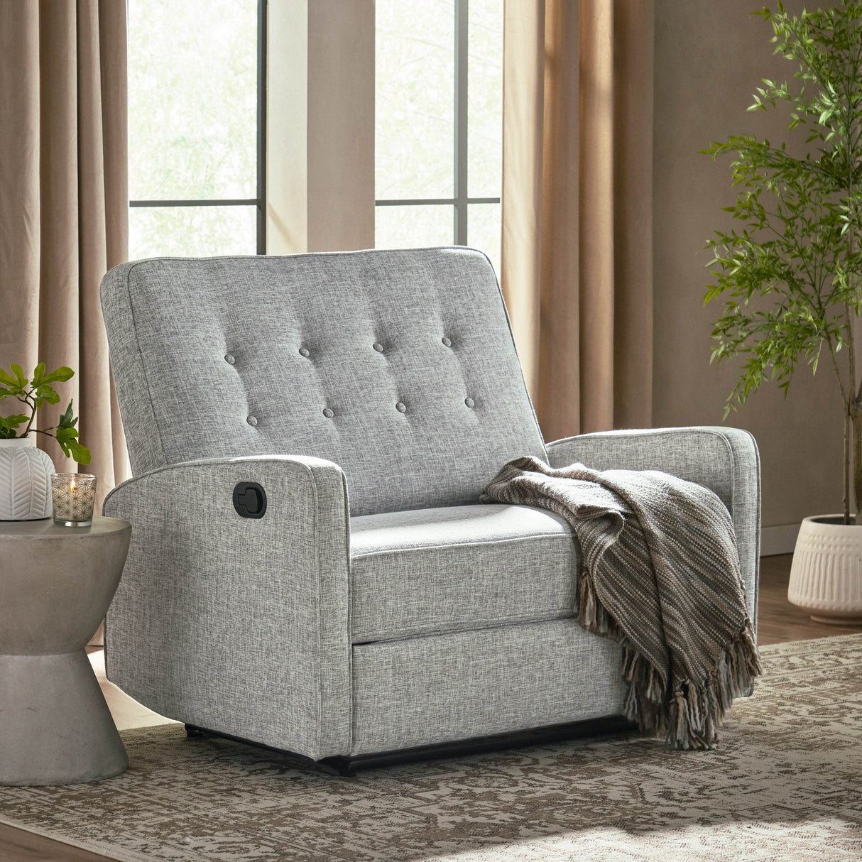 Light Grey Fabric Manual Recliner With Plush Cushions