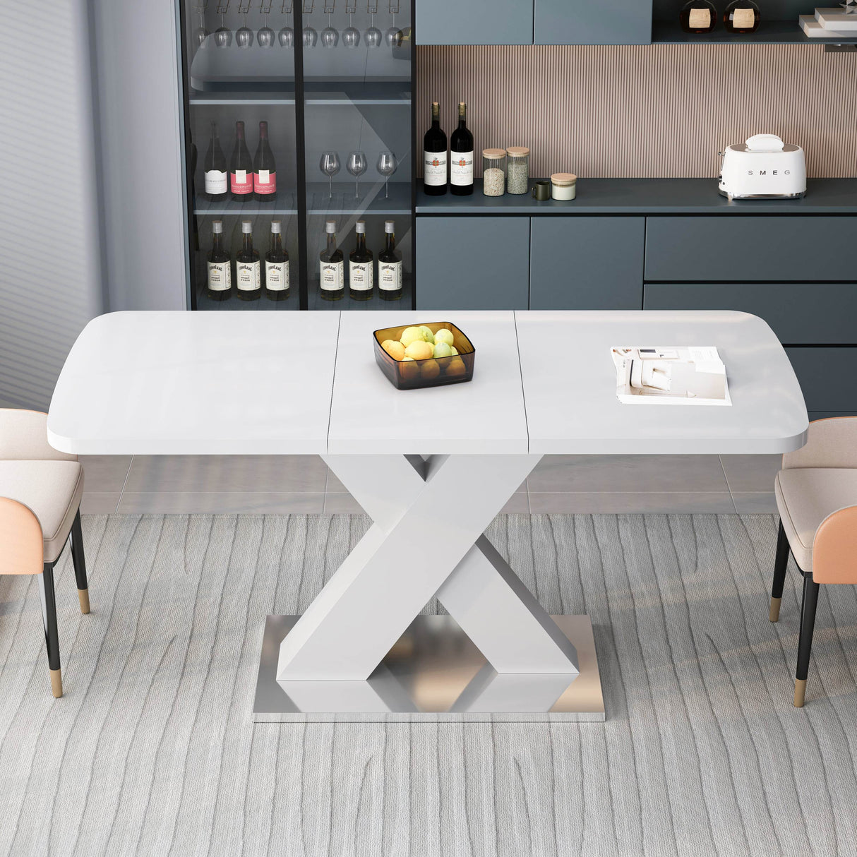 Modern Square Stretchable White MDF Steel Dining Table - Sleep Galleria