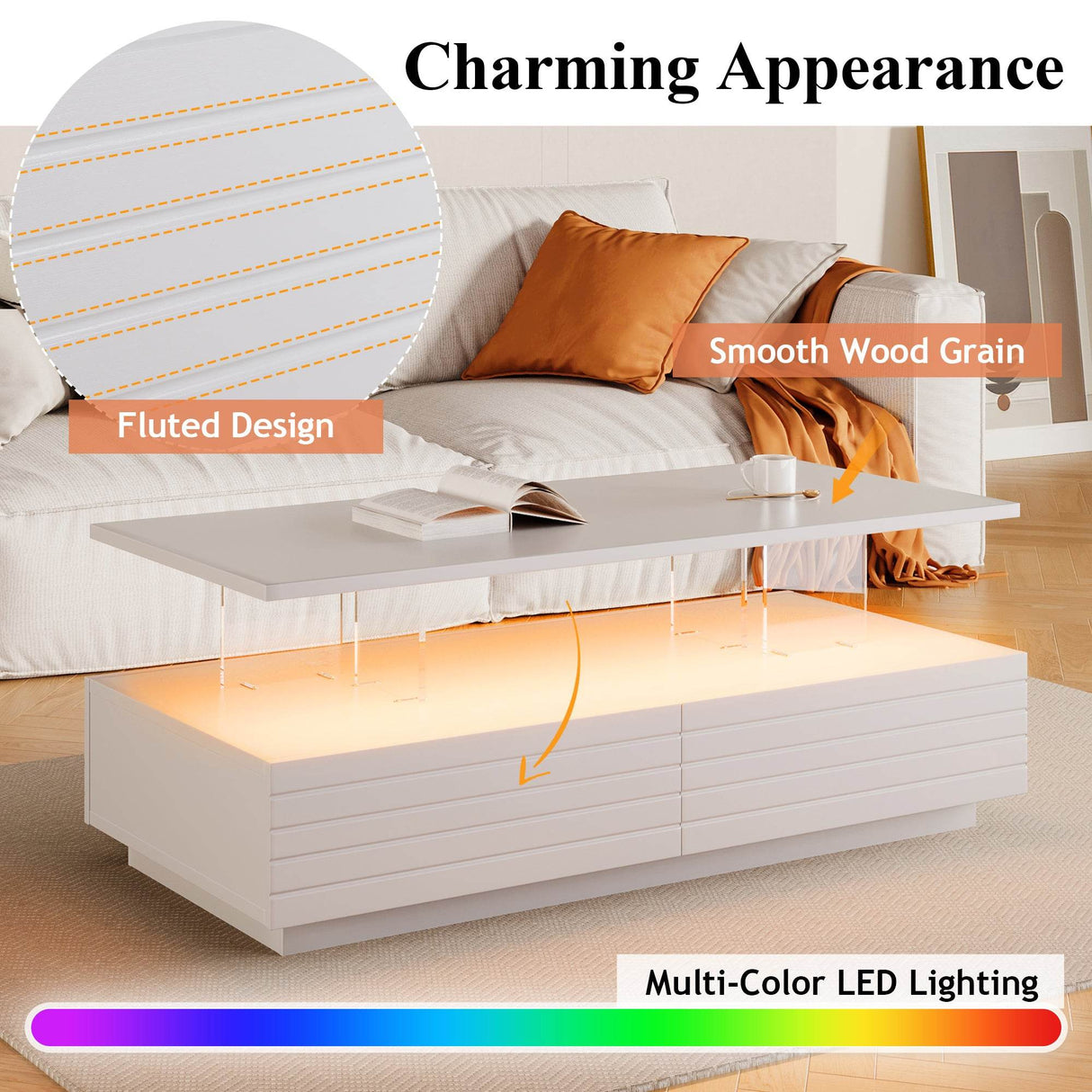 Modern White LED Lighting Coffee Table With Drawers - Sleep Galleria