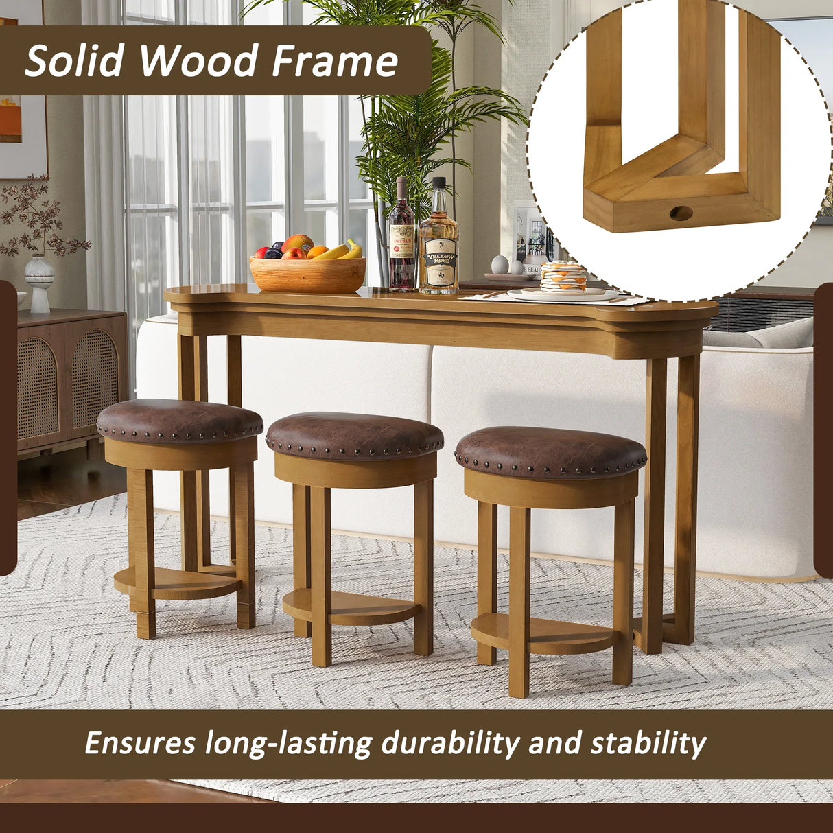 4-Piece Solid Wood Bar Table Set With Padded Stools - Omega Lifestyles