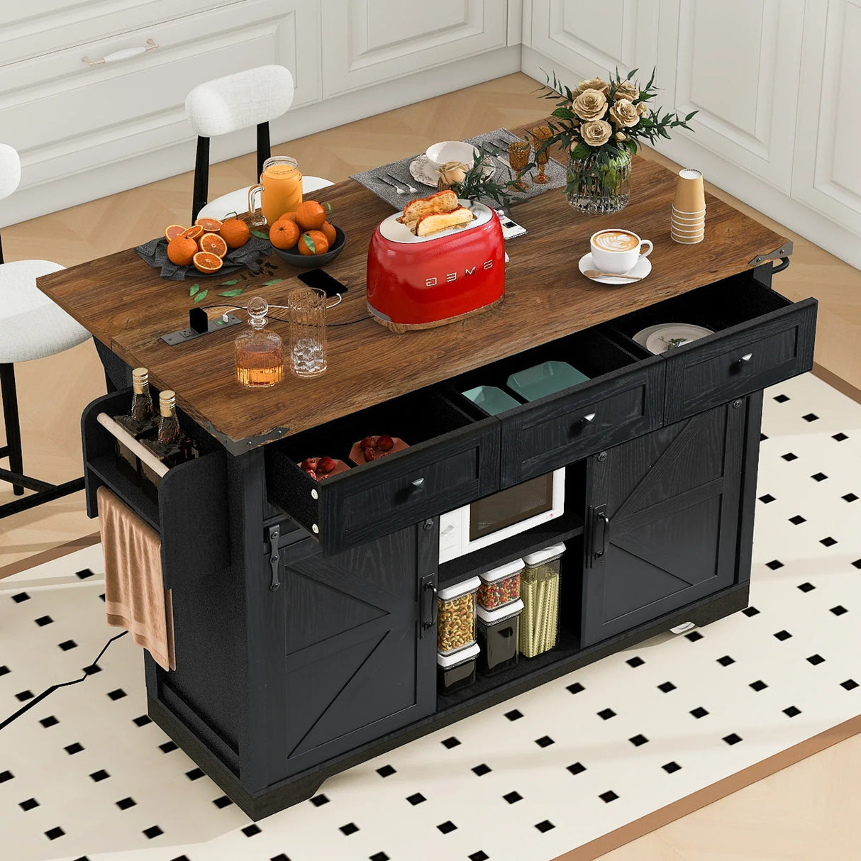 Farmhouse Kitchen Island Rolling Cart With Power Outlet - Omega Lifestyles