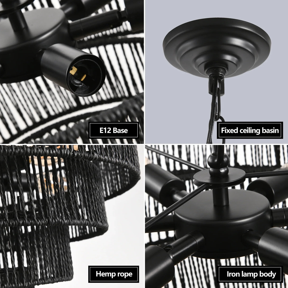 Rustic 4-Tier Black Hemp Rope Pendant Light Chandelier - Omega Lifestyles