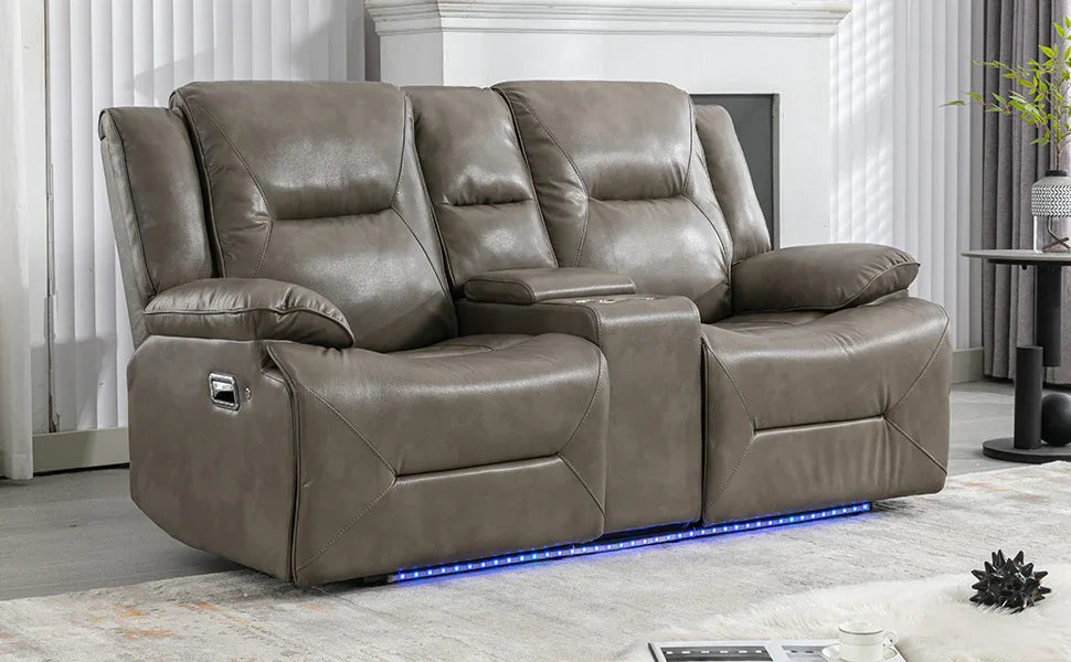Grey Leather Gel Manual Recliner Chair With LED Lights - Omega Lifestyles