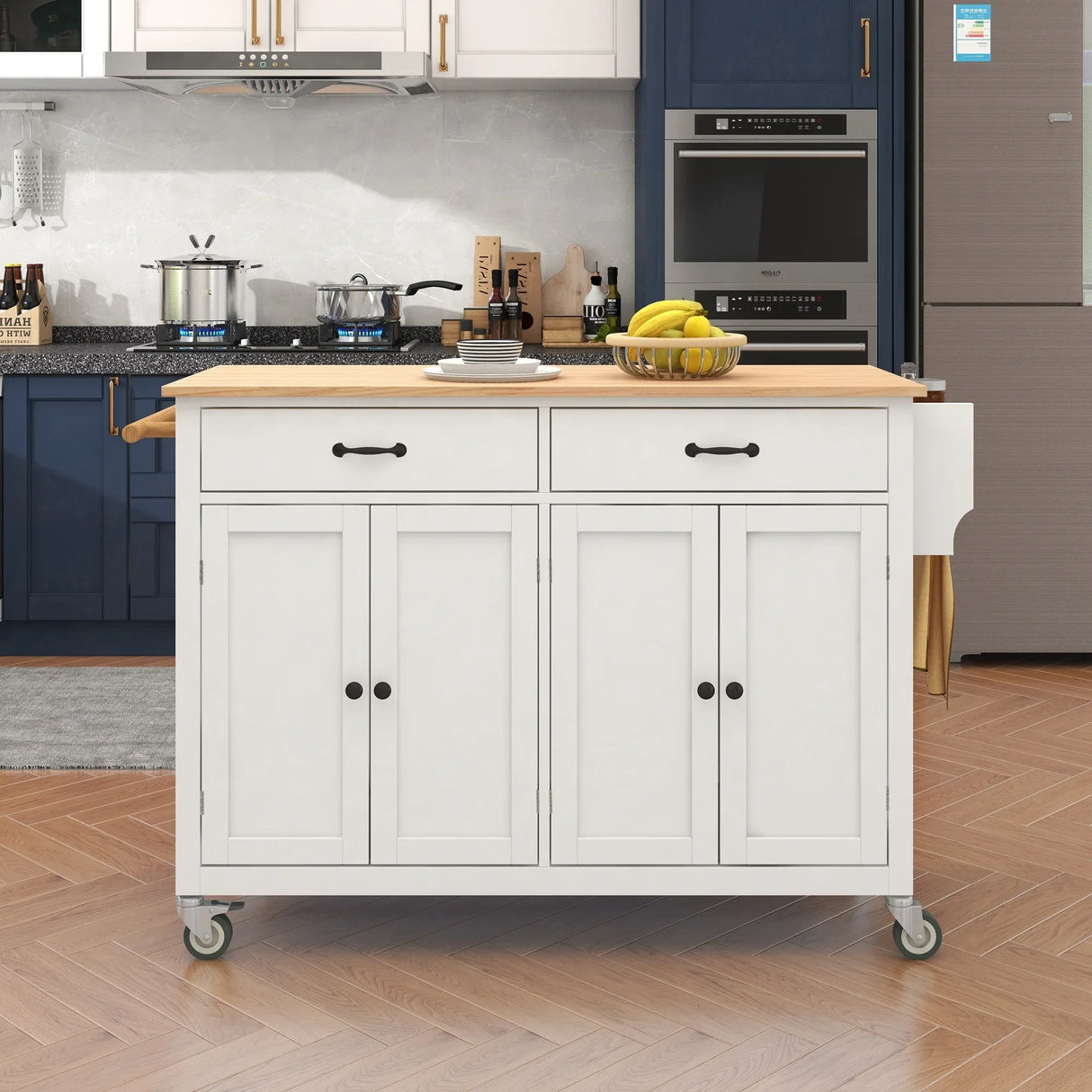 Kitchen Island Cart Solid Wood Top Four Door Cabinet - Omega Lifestyles