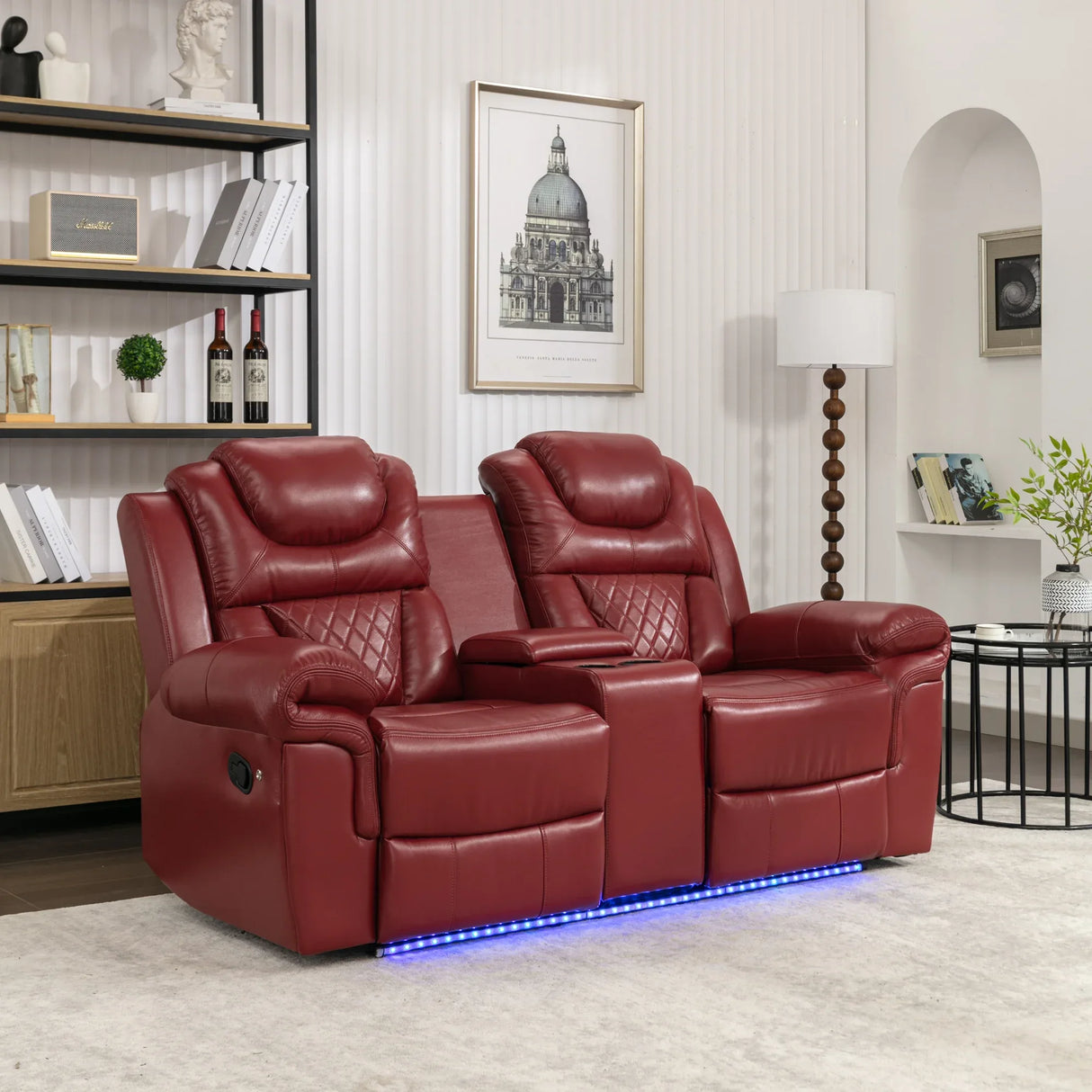 Wine Red Faux Leather Manual Recliner Sofa Set With LED Strip - Omega Lifestyles