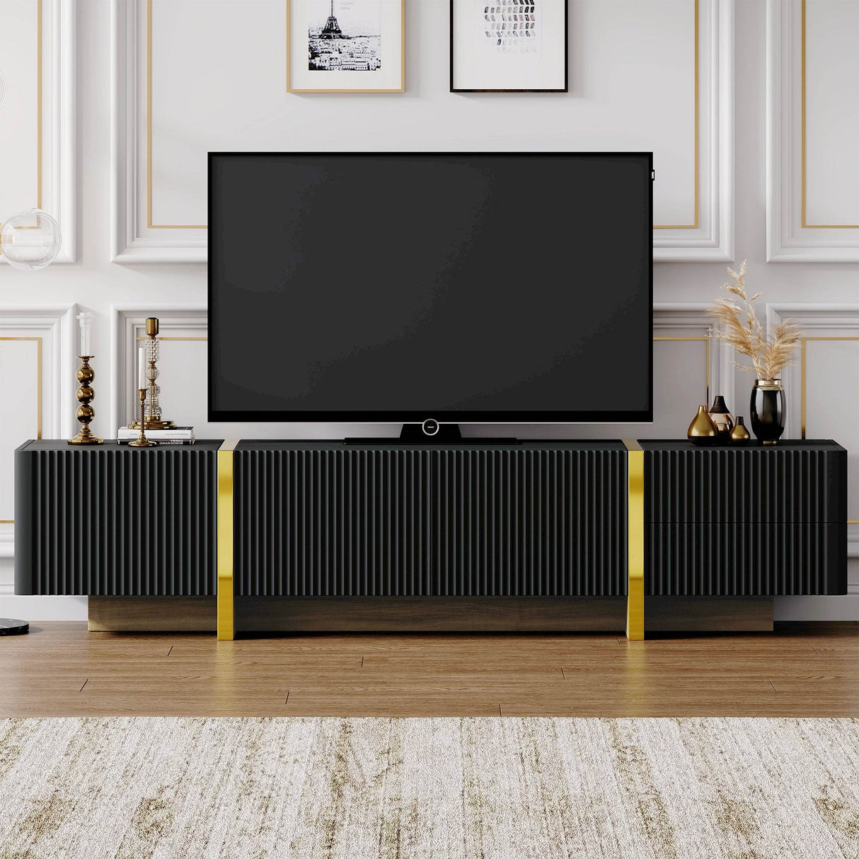 Luxury Fluted Black And Gold TV Stand With Storage - Sleep Galleria