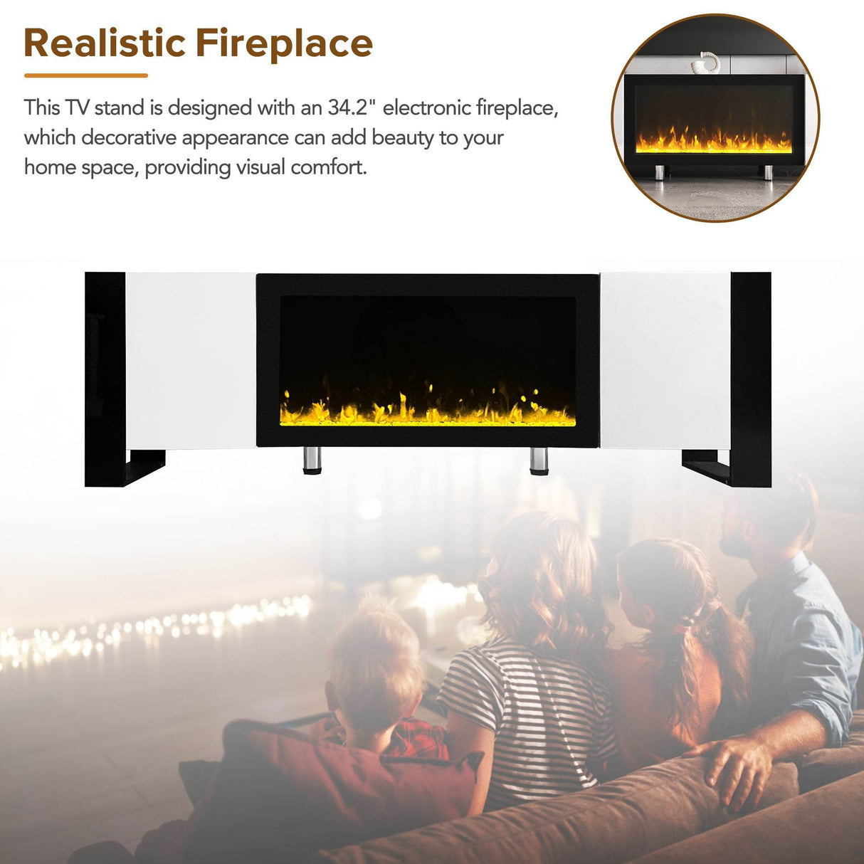 Modern White TV Stand With 34-Inch Electronic Fireplace - Sleep Galleria