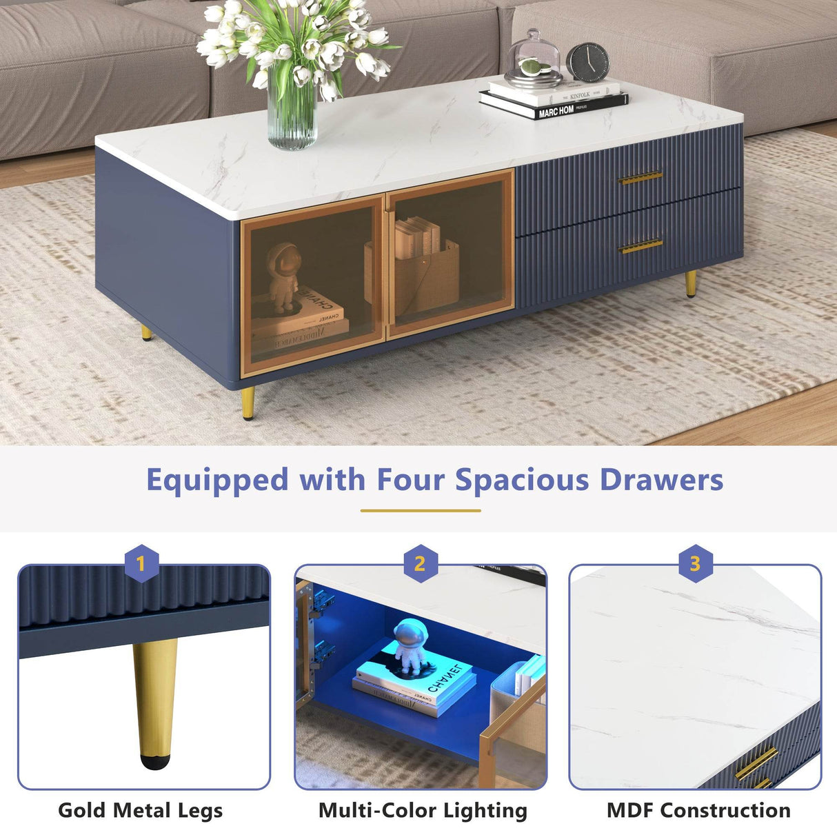 Modern Navy Blue MDF Coffee Table With Drawers Lighting - Sleep Galleria