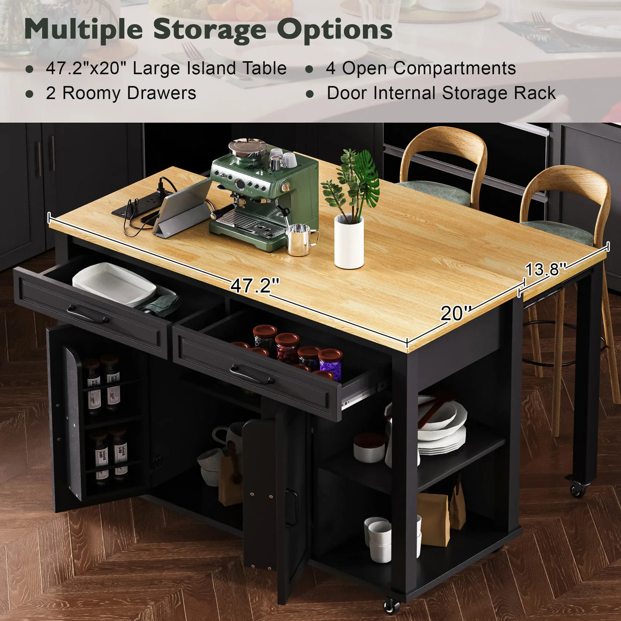 Extendable Rubber Wood Veneer Kitchen Island Cart - Omega Lifestyles