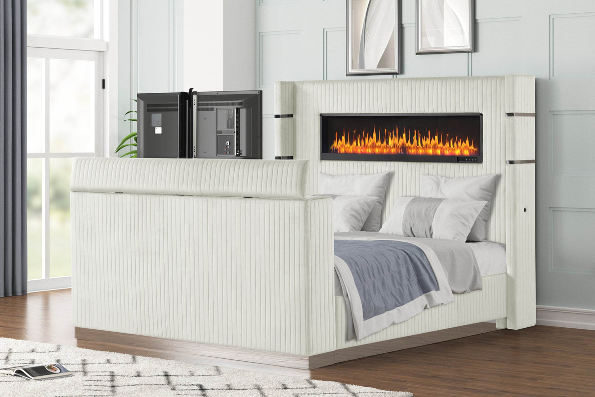 Modern Queen Wood Bed Frame With Fireplace And TV Stand