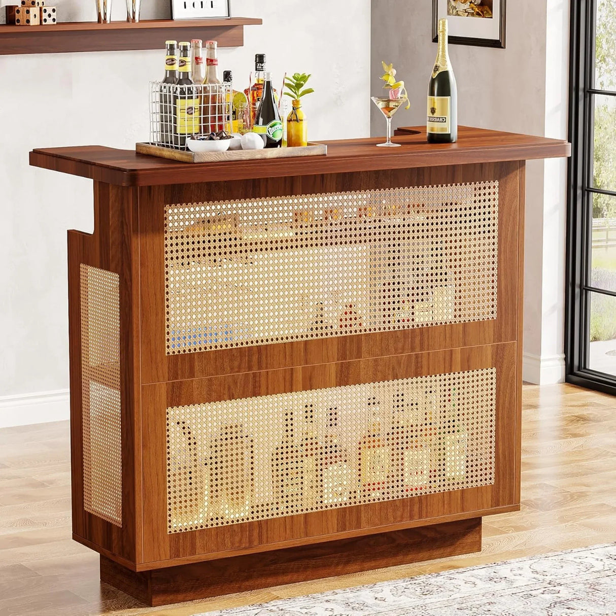Farmhouse Rattan 4-Tier Liquor Cabinet Home Bar - Omega Lifestyles