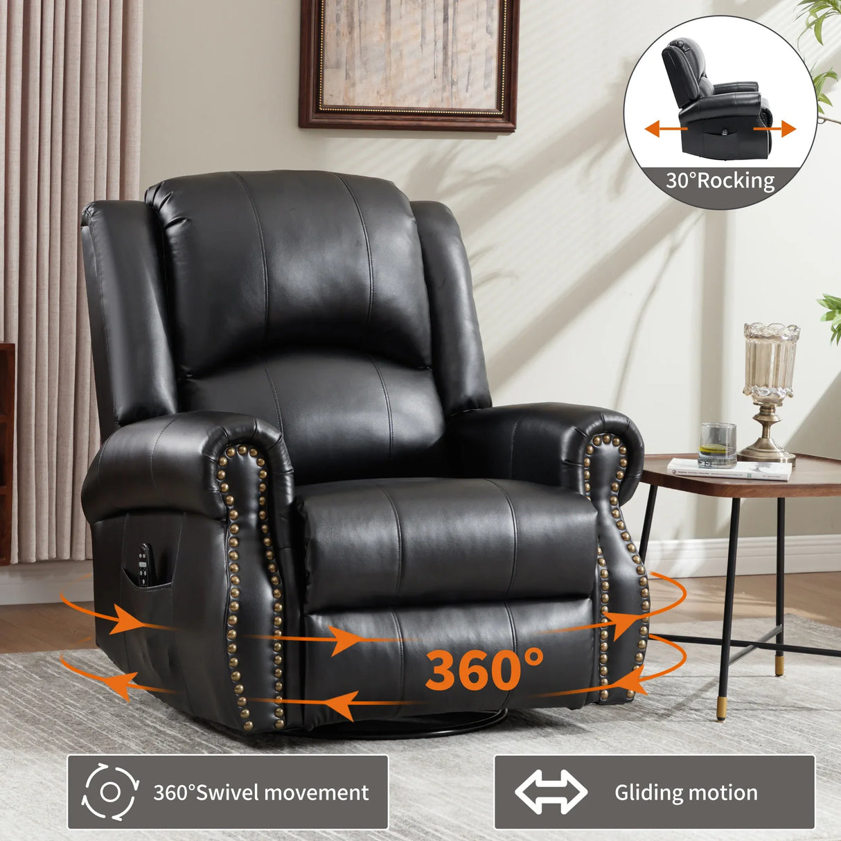 Heat Massage Faux Leather Swivel Rocking Recliner Chair - Omega Lifestyles
