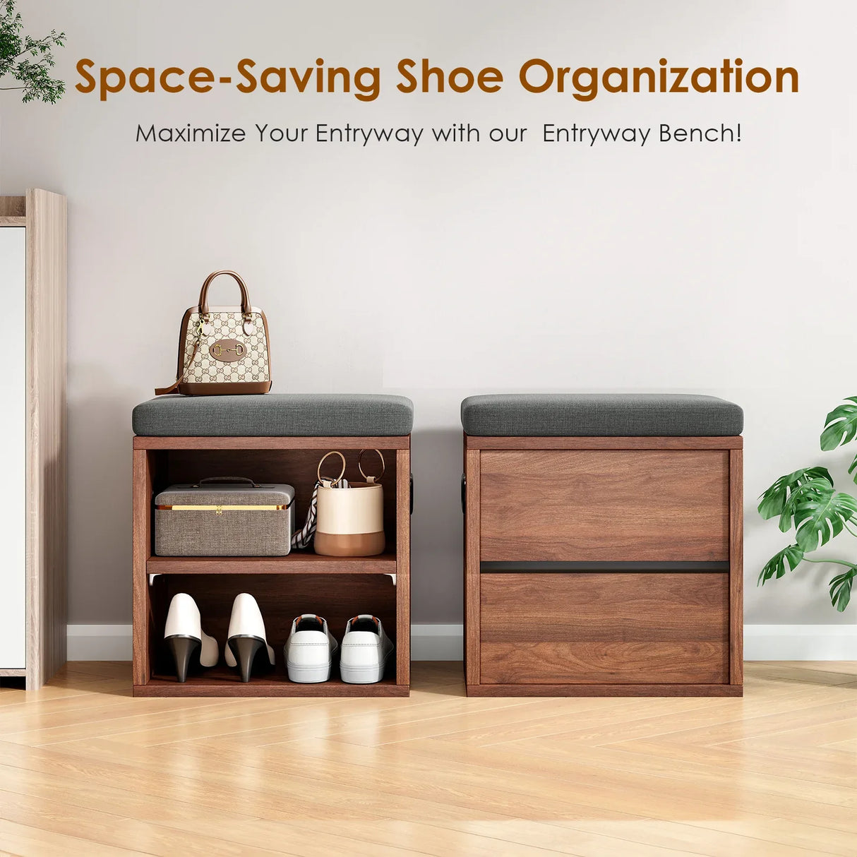 Walnut Wood Small Shoe Storage Bench With Cushion Seating - Omega Lifestyles