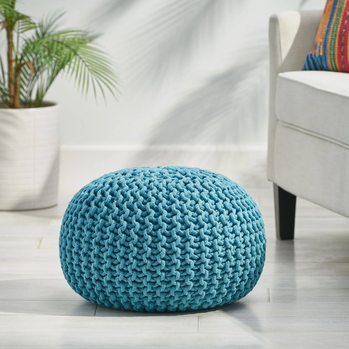 Modern Aqua Cotton Knit Weave Round Pouf 20-Inch - Omega Lifestyles