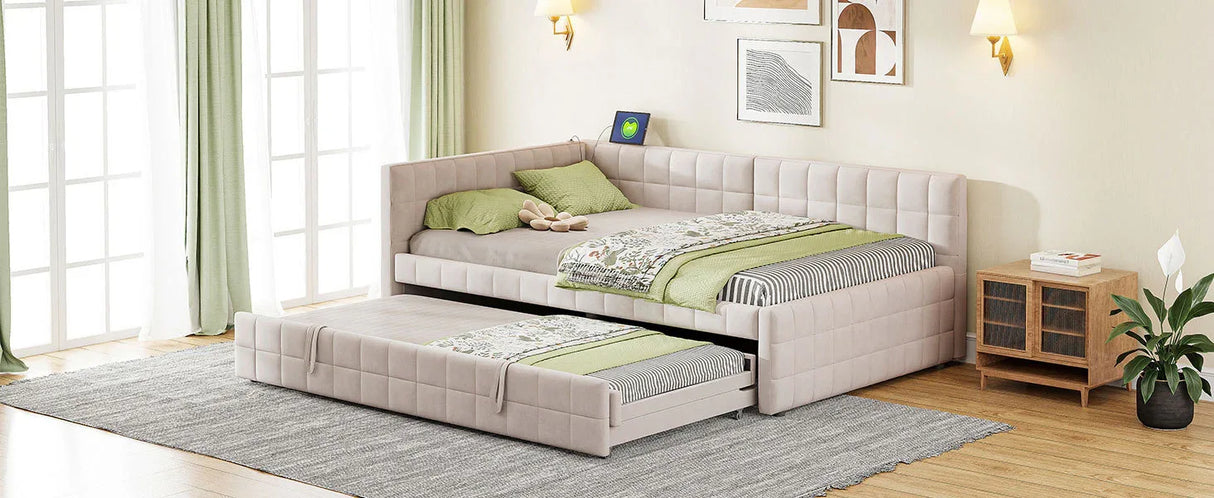 Full Upholstered L-Shaped Daybed With Twin Trundle and USB Ports - Omega Lifestyles
