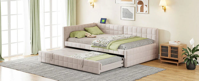 Full Upholstered L-Shaped Daybed With Twin Trundle and USB Ports - Omega Lifestyles