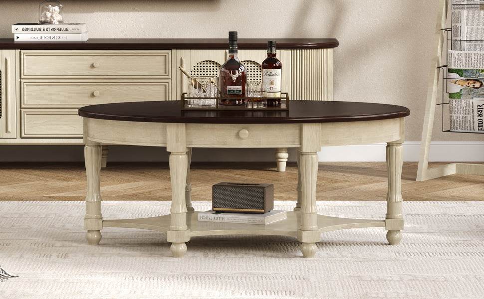 Vintage Oval Coffee Table With Drawer And Storage Shelf - Sleep Galleria